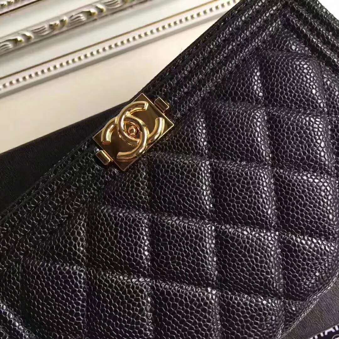 Chanel Boy Chanel Zipped Wallet in Grained Calfskin & Gold-tone Metal-Black  - LULUX