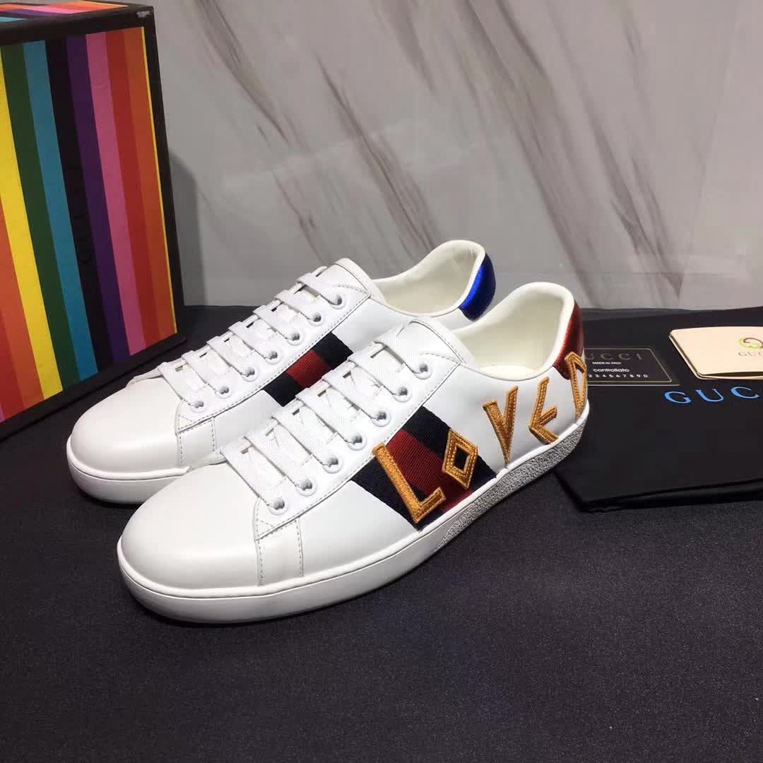 Gucci Unisex Ace Embroidered Leather Sneaker Shoes Style-White - LULUX