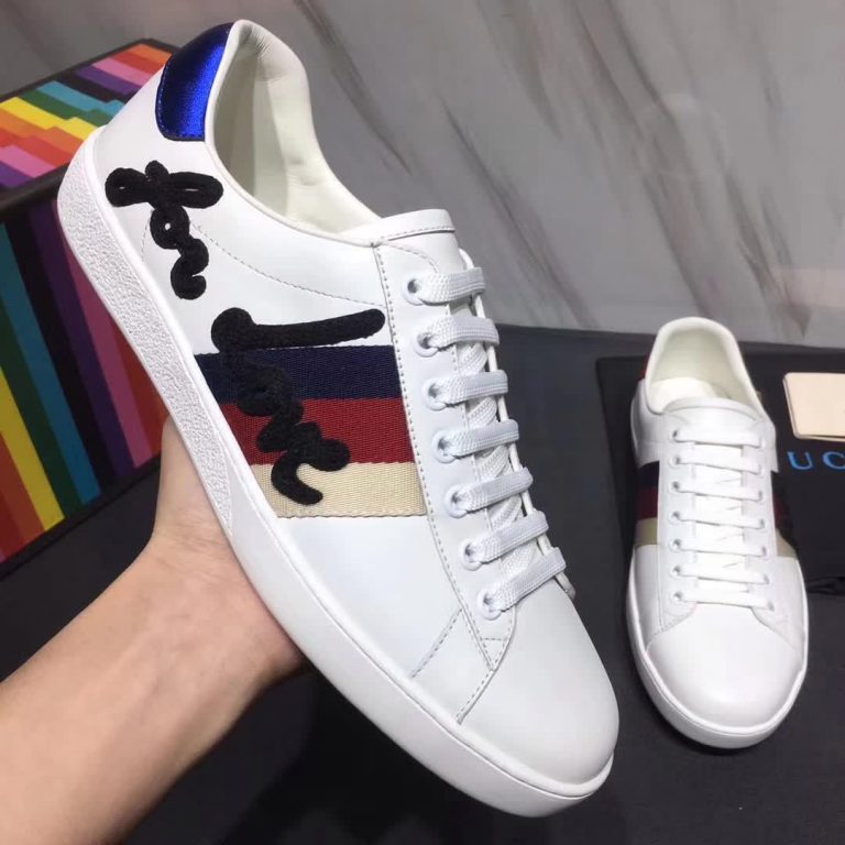 Gucci Men Ace Embroidered Sneaker Shoes in Leather with Sylvie Web ...