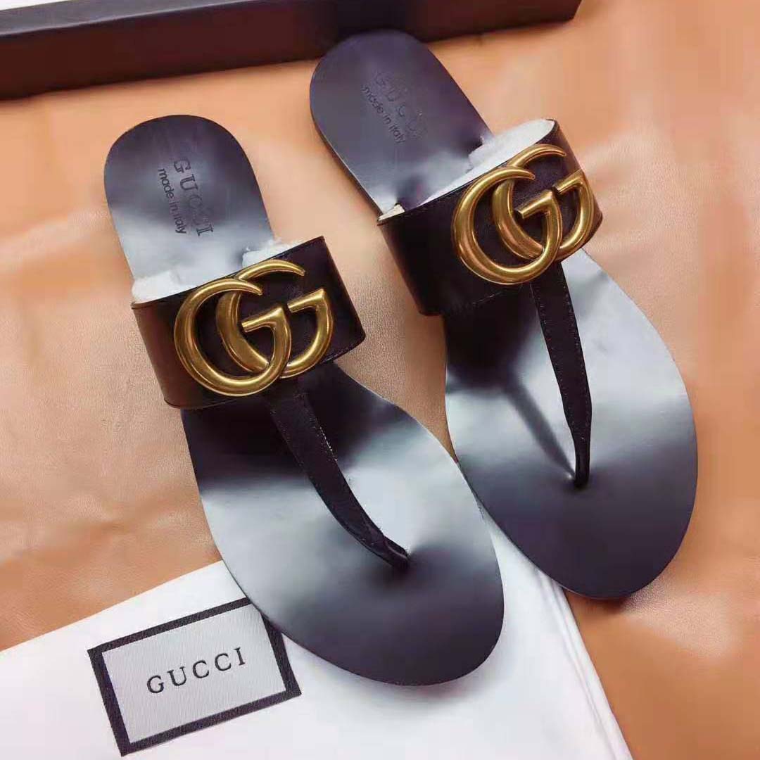 Gucci Men Leather Thong Sandal with Double G-Black - LULUX