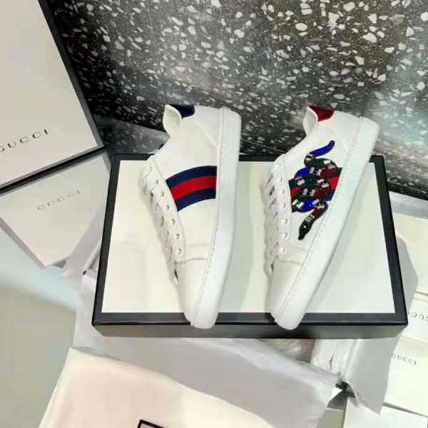 Gucci Women Ace Embroidered Sneaker with Crystal Kingsnake-White - LULUX