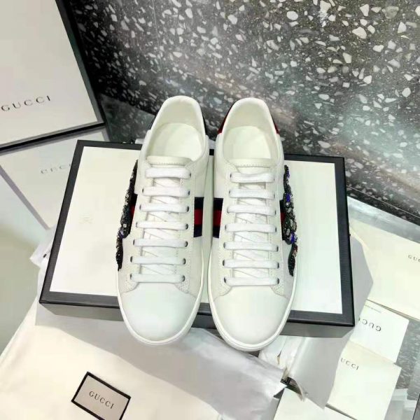 Gucci Women Ace Embroidered Sneaker with Crystal Kingsnake-White - LULUX