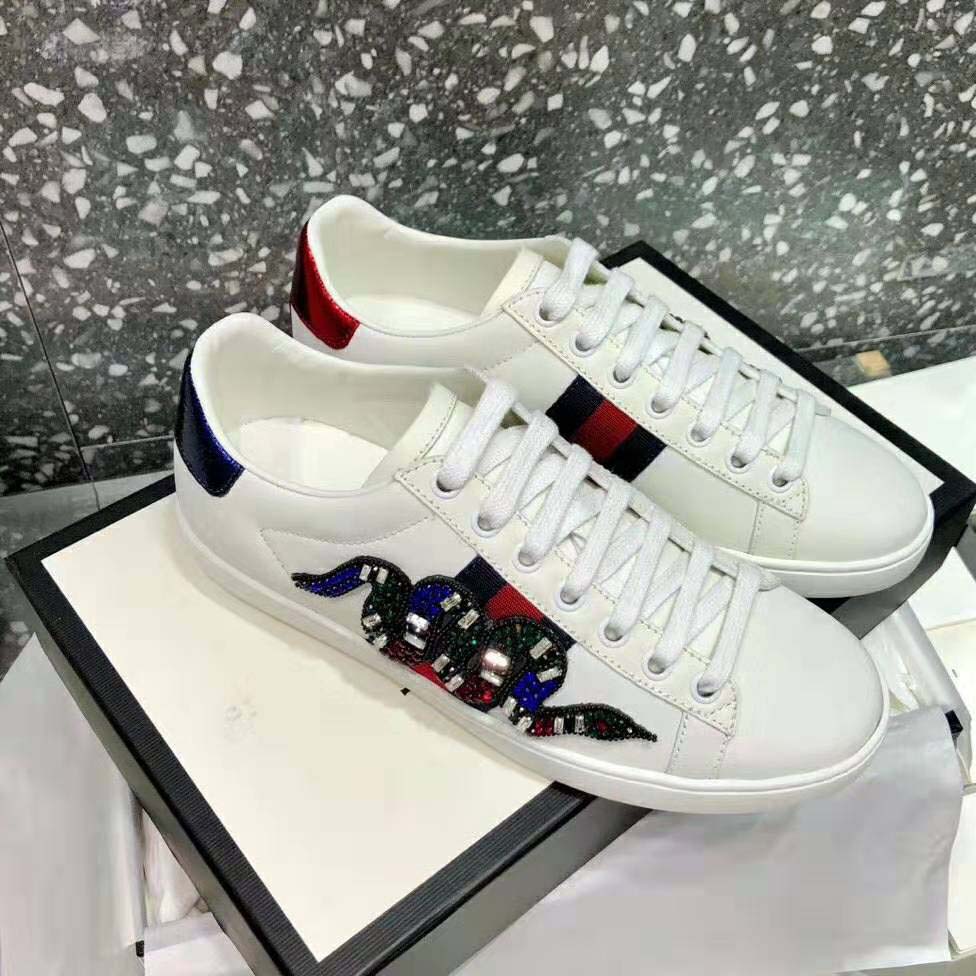 Gucci Women Ace Embroidered Sneaker with Crystal Kingsnake-White - LULUX