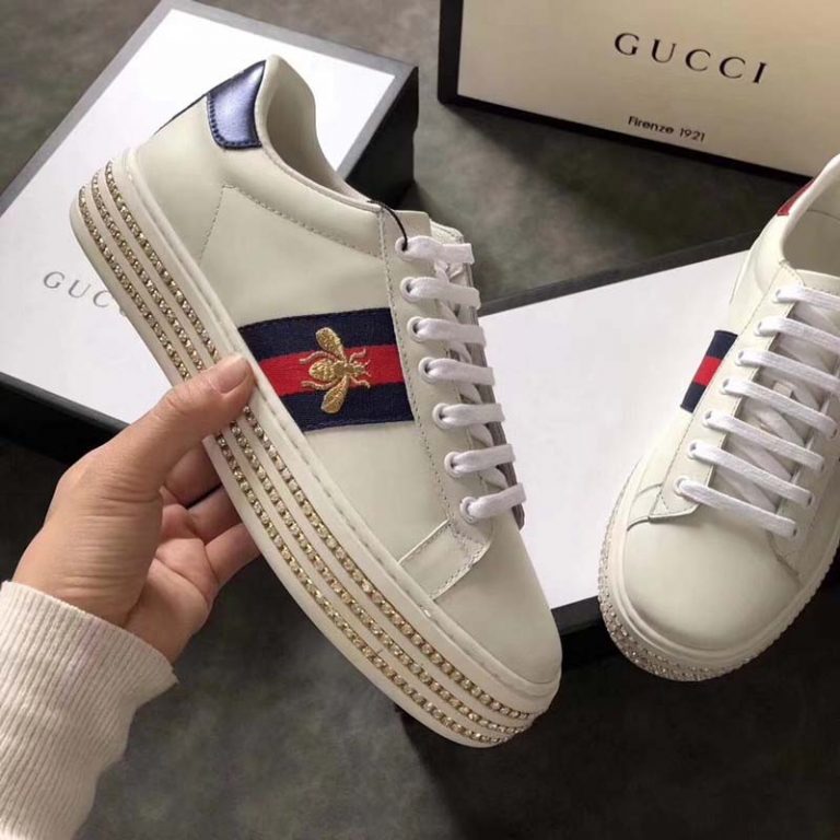 Gucci Women Ace Sneaker with Crystals White - LULUX