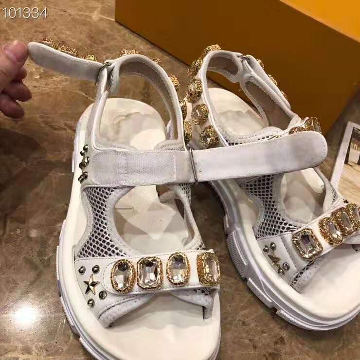 Gucci Women Leather and Mesh Sandal with Crystals 4.6 cm Heel-White
