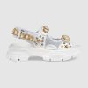 Gucci Women Leather and Mesh Sandal with Crystals 4.6 cm Heel-White