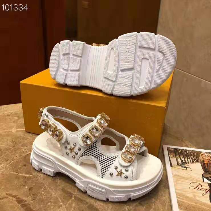 Gucci Women Leather and Mesh Sandal with Crystals 4.6 cm Heel-White