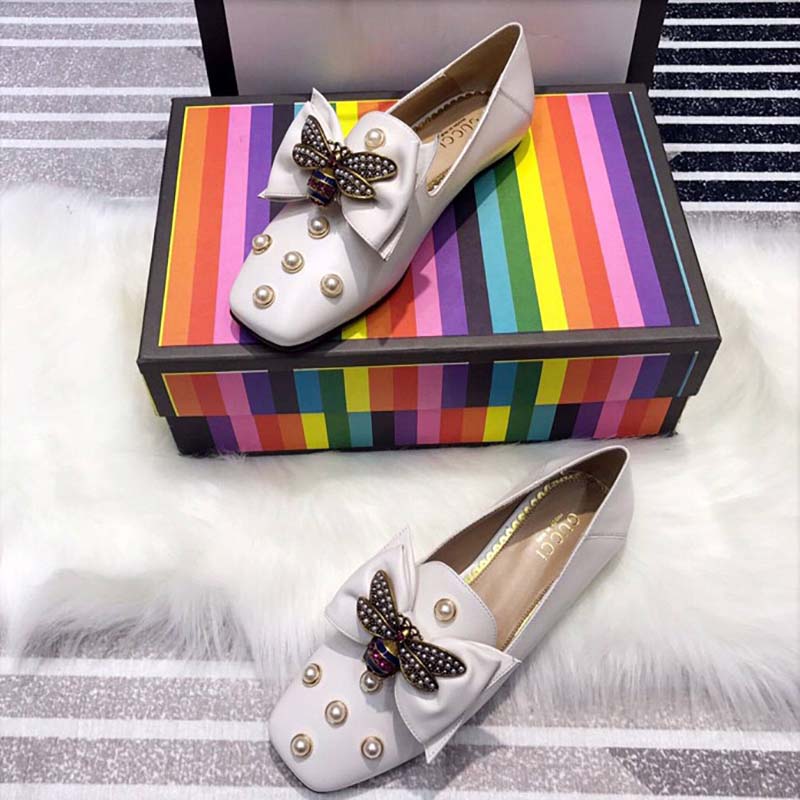 Gucci Women Leather Ballet Flat with Bow White - LULUX