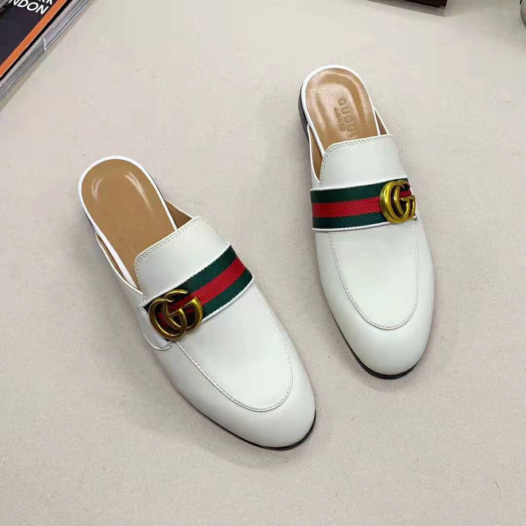 Gucci Women Leather Loafer with GG Web-White - LULUX