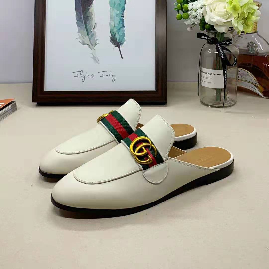 Gucci Women Leather Loafer with GG Web-White - LULUX