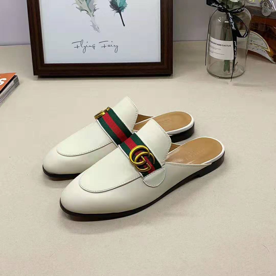 Gucci Women Leather Loafer with GG Web-White - LULUX