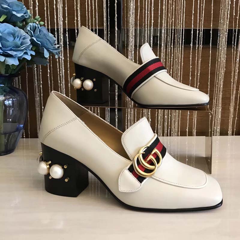 gucci leather mid heel loafer white