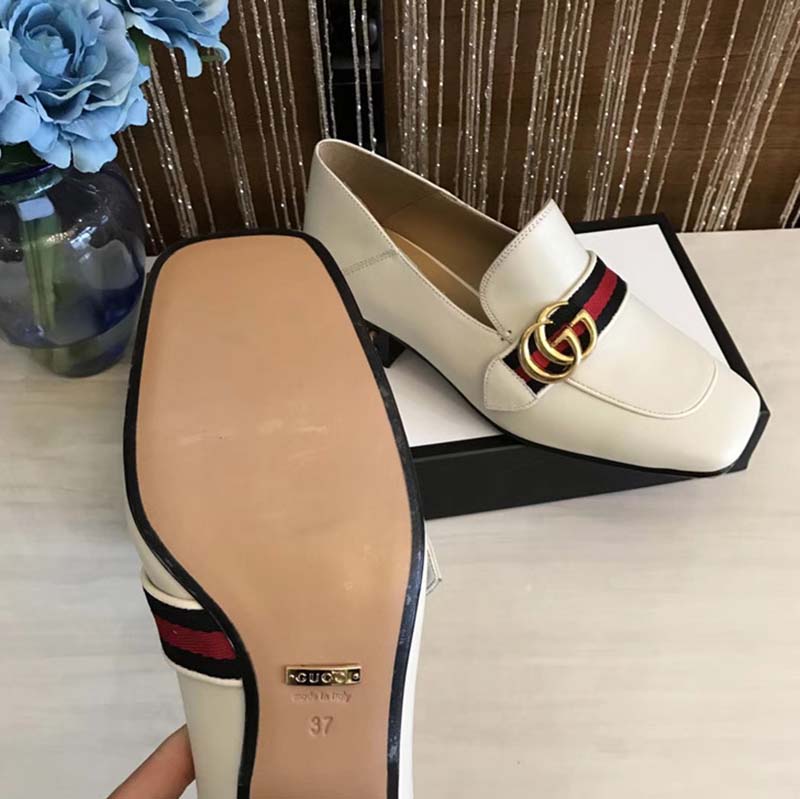 Gucci Women Leather Mid-Heel Loafer 3″ Heel-White