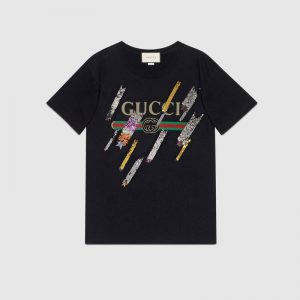 Gucci Women Oversize T-Shirt with Gucci Logo and Shooting Stars-Black