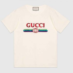 Gucci Women Oversize T-Shirt with Sequin Gucci Logo-White