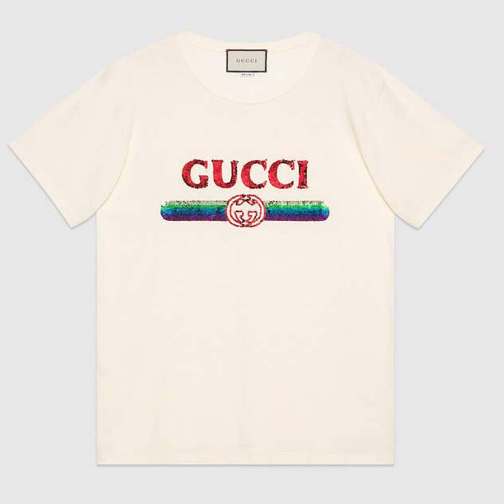 Gucci Women Oversize T-Shirt with Sequin Gucci Logo-White - LULUX