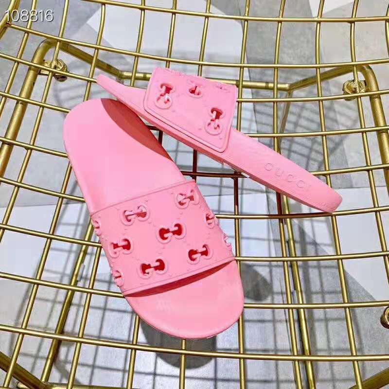 Gucci Women’s Rubber GG Slide Sandal-Pink