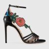 Gucci Women Shoes Embroidered Leather Mid-Heel Sandal 100mm Heel-Black