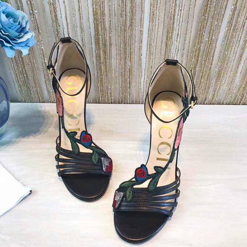 Gucci Women Shoes Embroidered Leather Mid-Heel Sandal 100mm Heel-Black