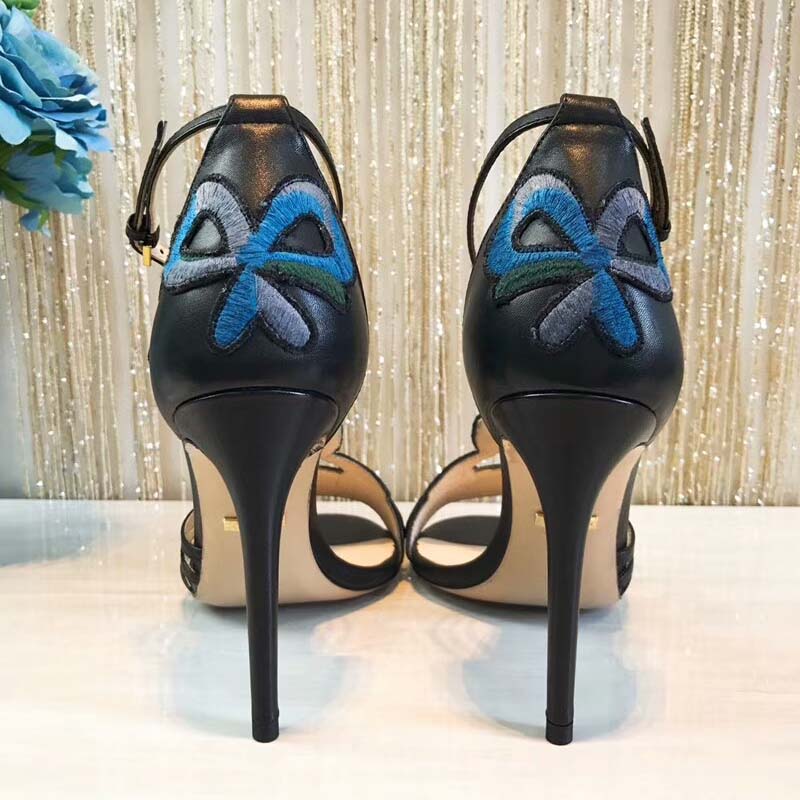 Gucci Women Shoes Embroidered Leather Mid-Heel Sandal 100mm Heel-Black