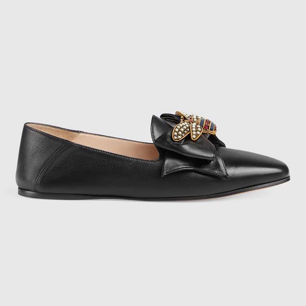 Gucci Women Shoes Leather Ballet Flat with Bow 10mm Heel-Black - LULUX