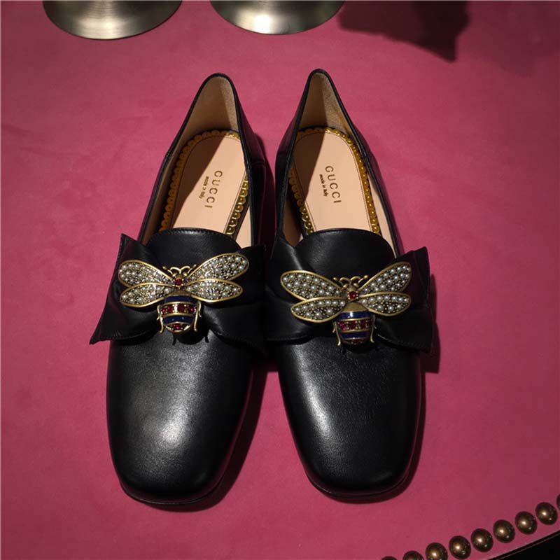 Gucci Women Shoes Leather Ballet Flat with Bow 10mm Heel-Black