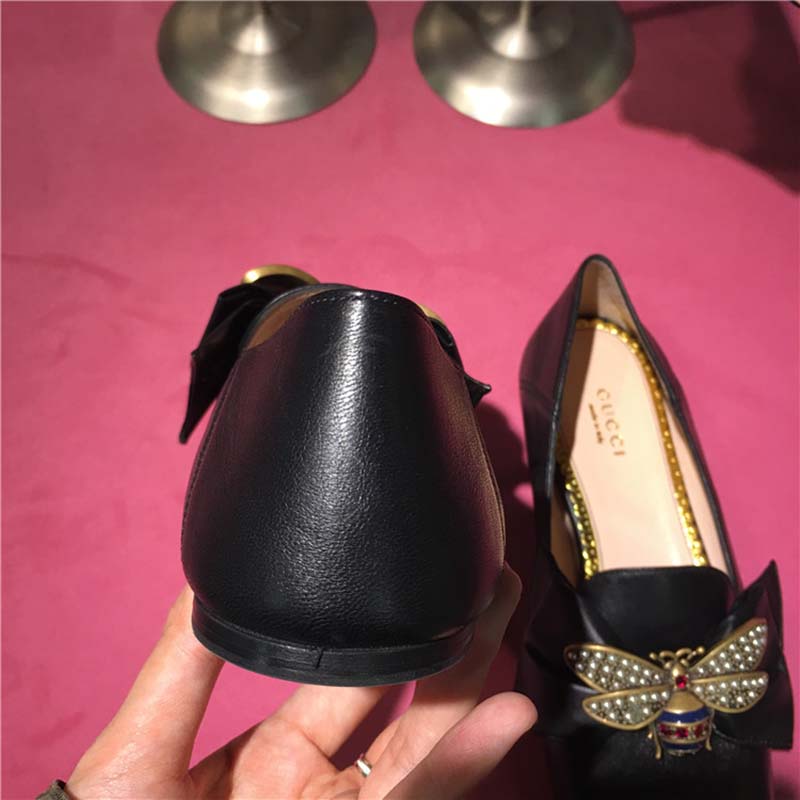 Gucci Women Shoes Leather Ballet Flat with Bow 10mm Heel-Black