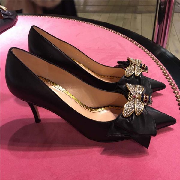 Gucci Women Shoes Leather Mid-Heel Pump with Bow 75mm Heel-Black - LULUX