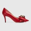 Gucci Women Shoes Leather Mid-Heel Pump with Bow 75mm Heel-Red