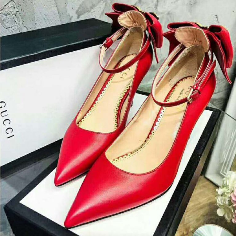 Gucci Women Shoes Leather Pump with Bow 85mm HeelRed LULUX