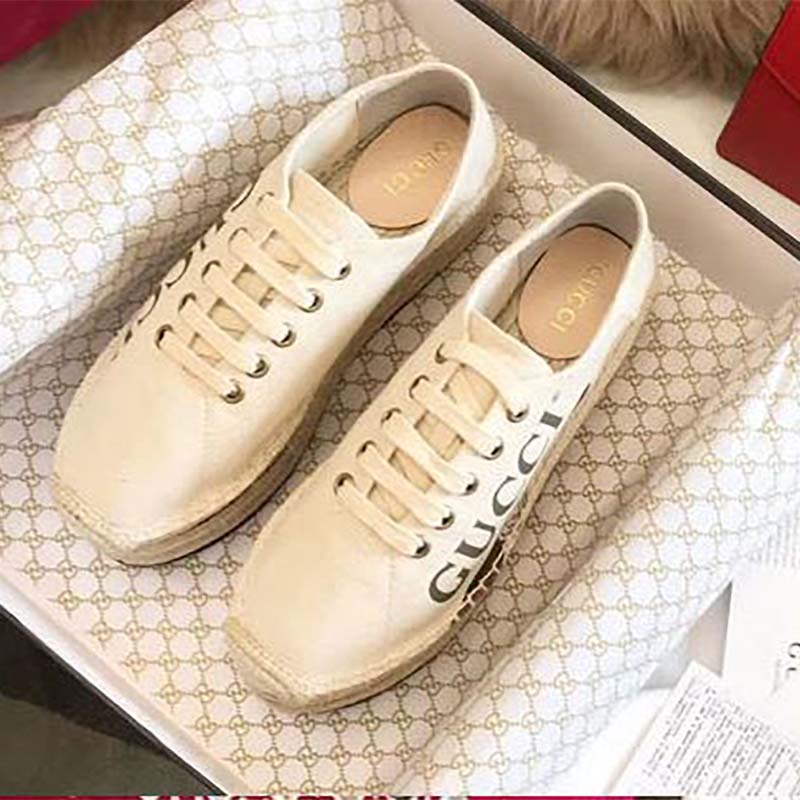 Gucci Women Shoes Logo Platform Espadrille 50mm Heel-White - LULUX