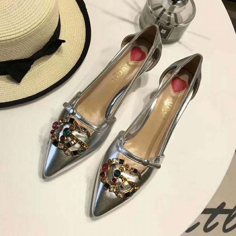 Gucci Women Shoes Metallic Leather Pump with Crystal Double G 50mm Heel ...