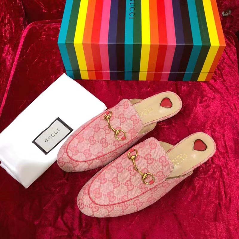 Gucci Women Shoes Princetown GG Canvas Slipper 10mm Heel-Pink - LULUX