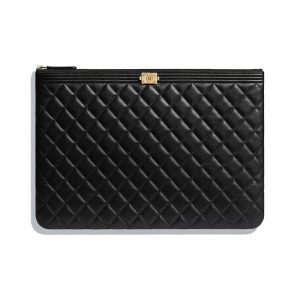 Chanel Unisex Boy Chanel Large Pouch in Lambskin Leather-Black