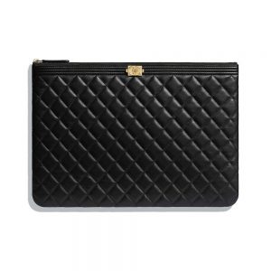 Chanel Unisex Boy Chanel Large Pouch in Lambskin Leather-Black