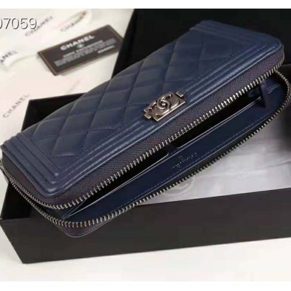 Chanel Unisex Boy Chanel Long Zipped Wallet in Grained Calfskin Leather-Navy (9)