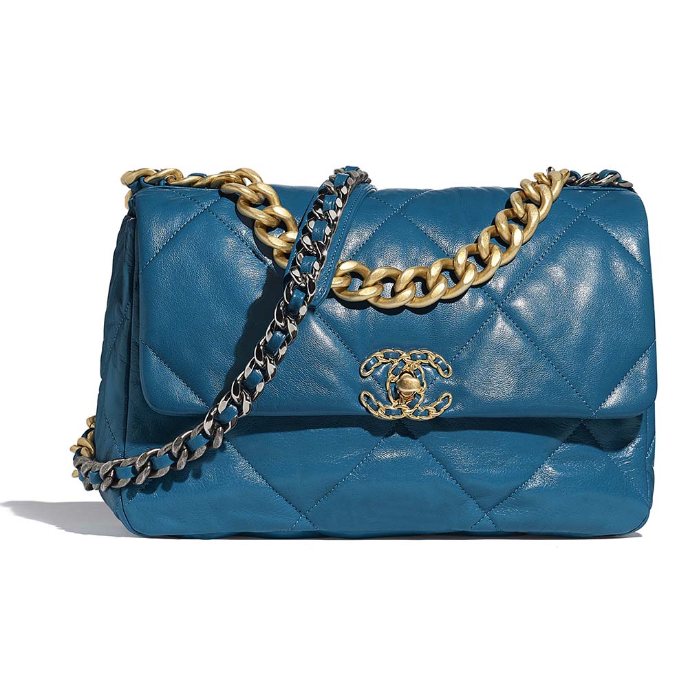 Chanel Women 19 Large Flap Bag in Goatskin Leather-Blue - LULUX