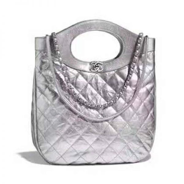 Chanel Women 31 Small Shopping Bag in Aged Calfskin Leather-Silver (1)