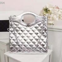 Chanel Women 31 Small Shopping Bag in Aged Calfskin Leather-Silver (1)