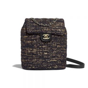 Chanel Women Backpack in Tweed Fabrics-Black and Gold