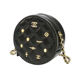 Chanel Women Badge Small Round Crossbody Shoulder Bag in Calfskin Leather-Black
