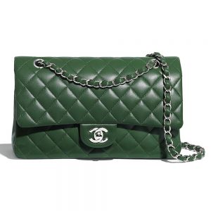 Chanel Women Classic Handbag in Lambskin Leather-Green