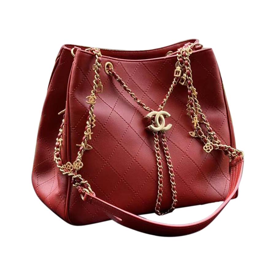 Chanel Women Drawstring Bag in Calfskin Leather-Maroon - LULUX