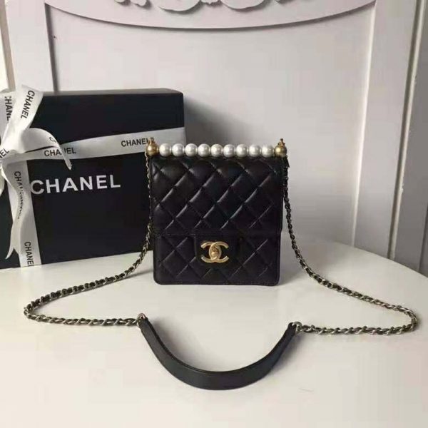 Chanel Women Flap Bag Black Ringer Pearl in Goatskin Leather (8)