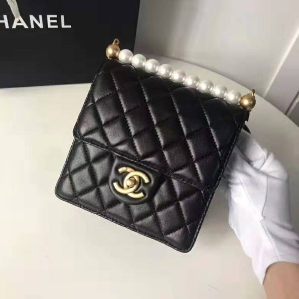 Chanel Women Flap Bag Black Ringer Pearl in Goatskin Leather (9)