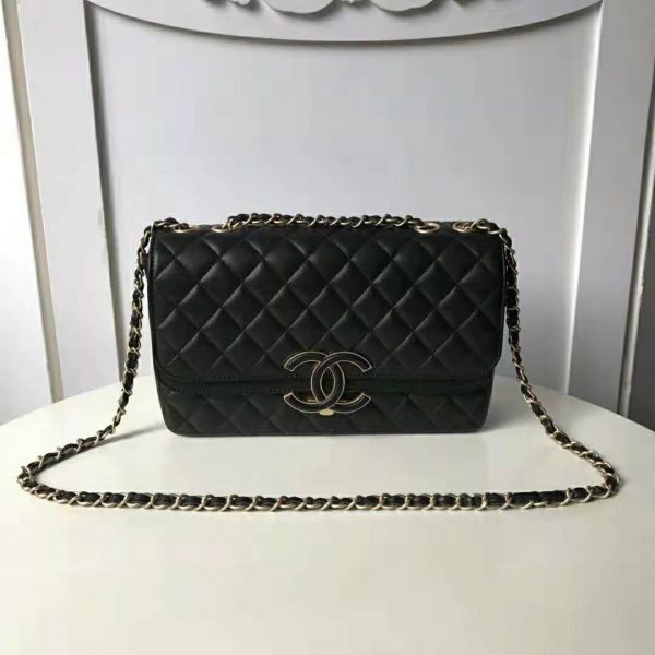 Chanel Women Flap Bag in Metallic Lambskin Leather-Black (2)