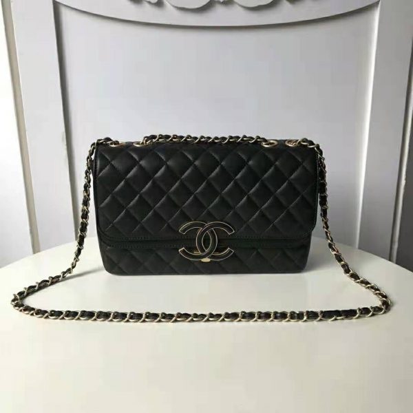 Chanel Women Flap Bag in Metallic Lambskin Leather-Black (2)