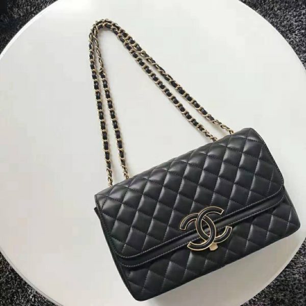 Chanel Women Flap Bag in Metallic Lambskin Leather-Black (4)