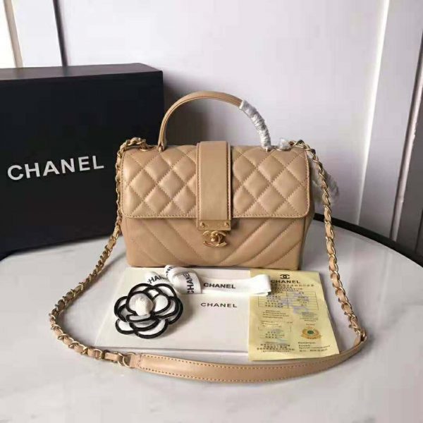 Chanel Women Flap Bag with Top Handle in Calfskin-Sandy (2)