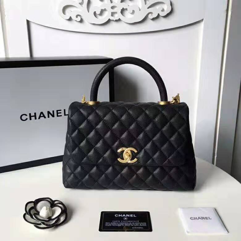 Chanel Women Flap Bag with Top Handle in Grained Calfskin LeatherBlack